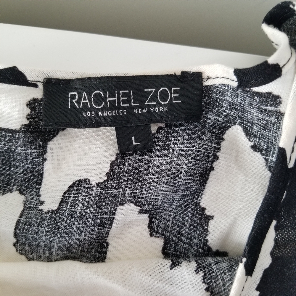 Rachel Zoe Black/Cream Geometric Long Balloon Sleeve Linen Blend Blouse Size L - Picture 2 of 11